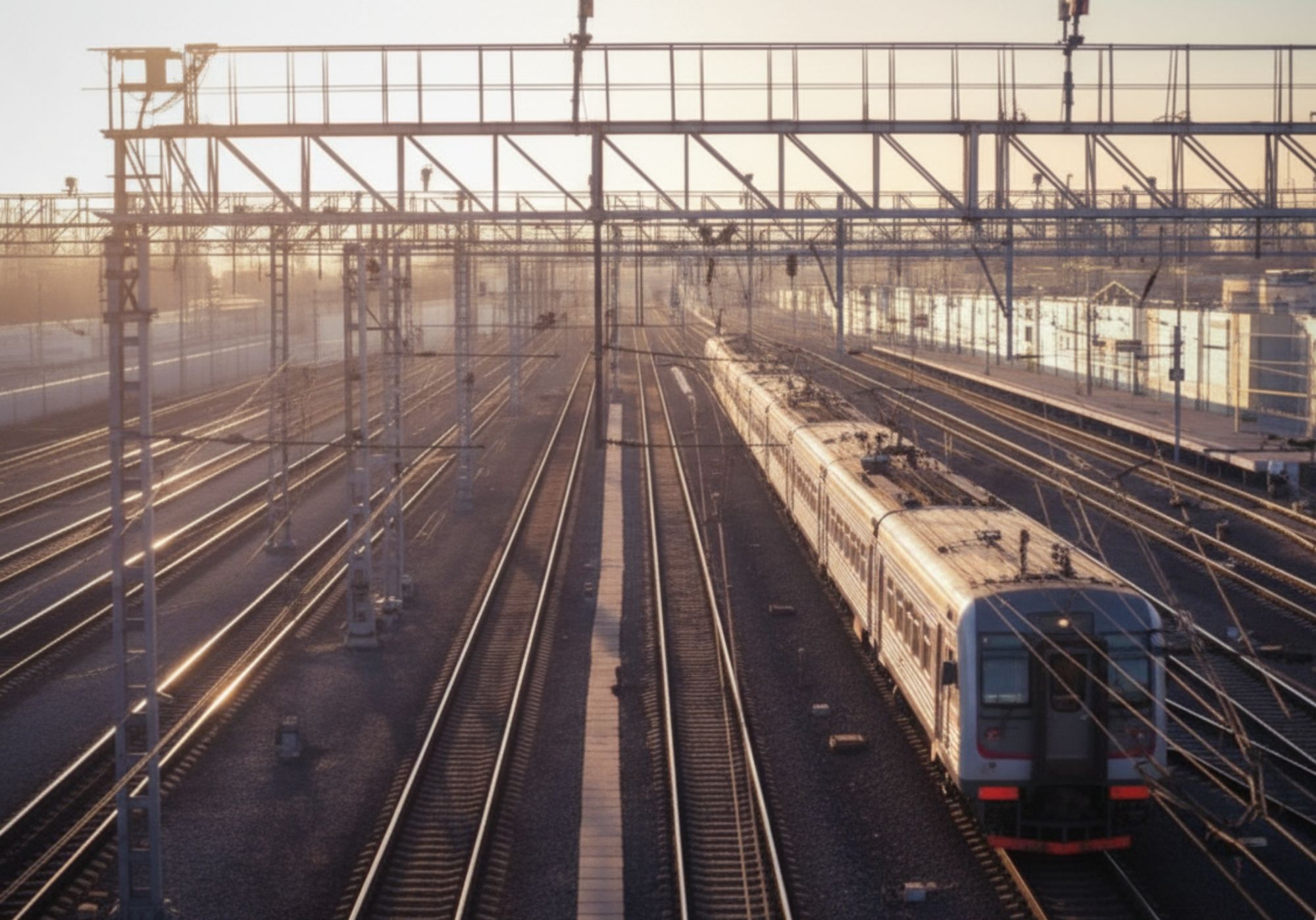 An overhead view of multiple parallel railway tracks at a busy train station or rail yard, with commuter trains visible on the left and in the distance.