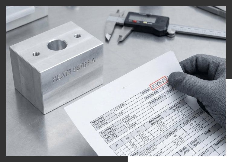 Close-up of certified steel materials that include Mill Test Reports (MTRs), ensuring AS9100 alignment and full traceability.