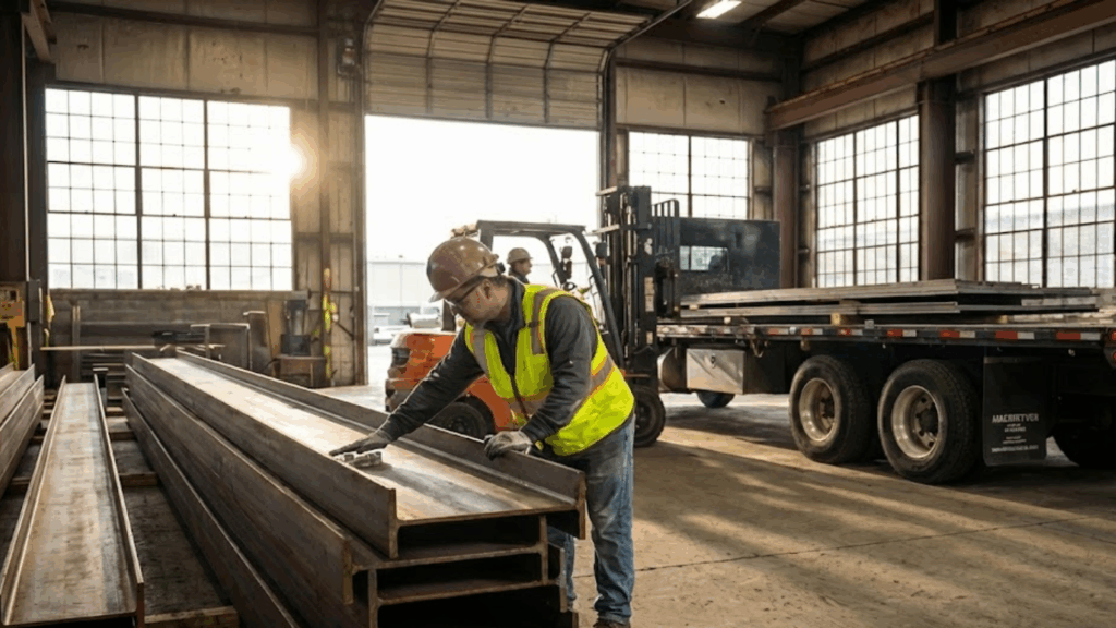 a professional worker in safety gear is inspecting a stack of high-quality structural steel beams