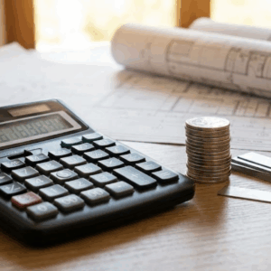 a calculator sitting on top of architectural blueprints