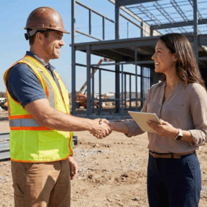 Contractor shaking hands with a steel supplier representative at a job site.
