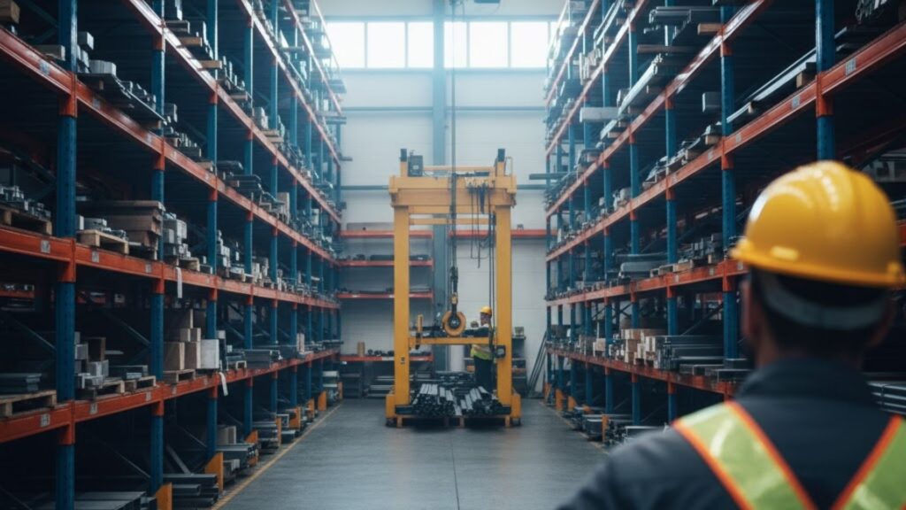 A high-angle view of a modern industrial warehouse with high-reaching racks filled with steel inventory and a professional worker monitoring the facility.