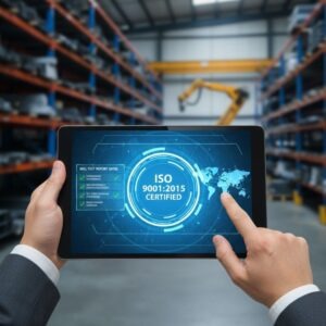 a iso certification displayed on a tablet in front of a metal distribution center