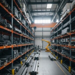 A wide-angle, professional shot of a clean and expansive steel warehouse showing a massive inventory of metal tubes, beams, and structural steel.