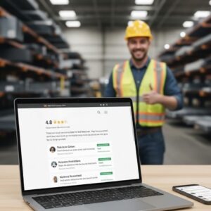 A laptop on a wooden desk in the foreground displaying high star ratings and positive customer reviews for Warrenton Steel, with a blurred warehouse and smiling worker in the background