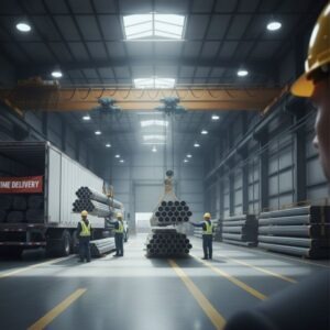 A busy shipping bay within a warehouse showing workers loading bundles of steel piping onto a trailer, featuring a banner that reads "On-Time Delivery."