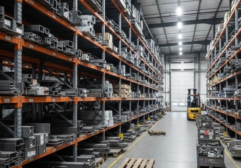 metal on shelves in warehouse