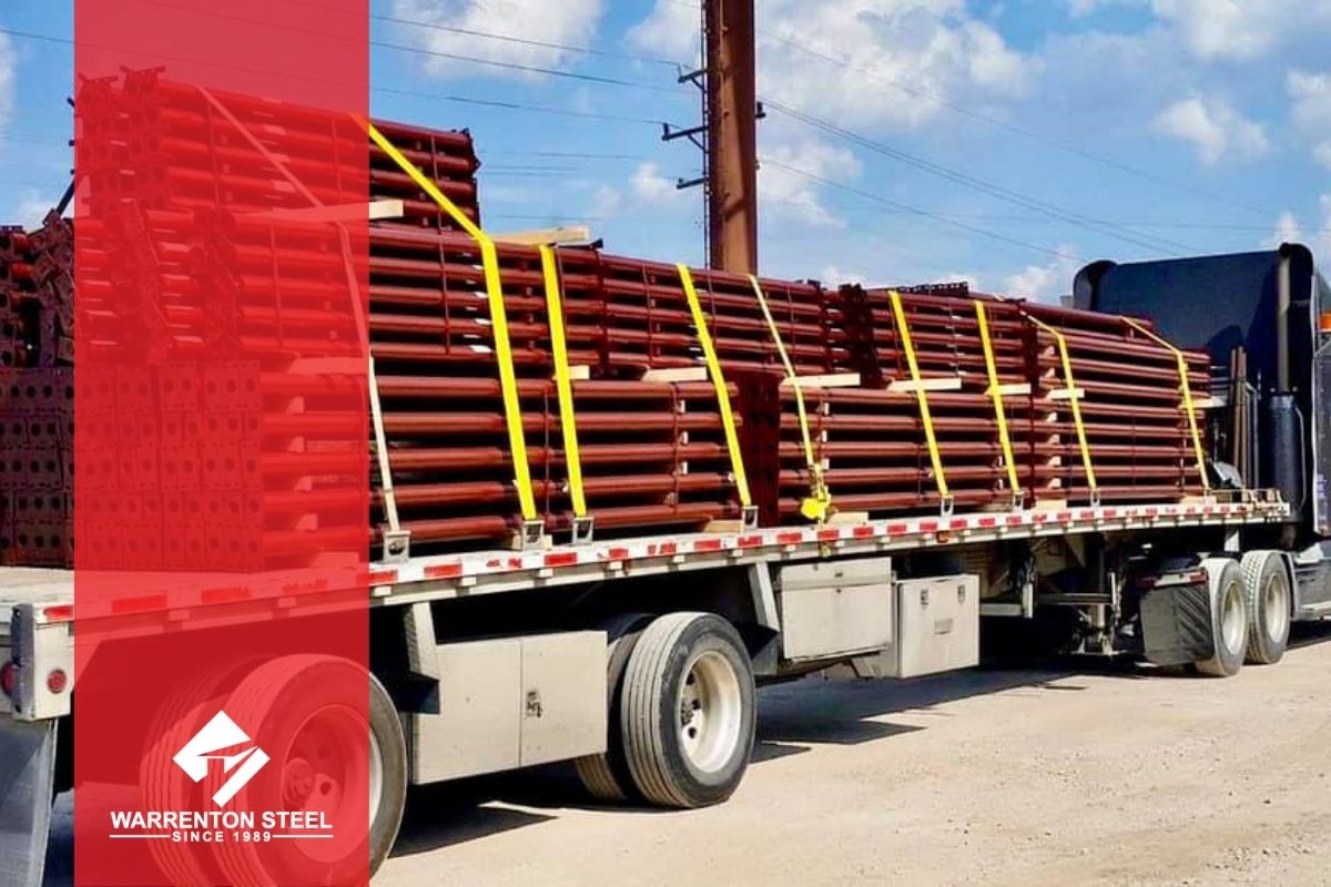 red steel beams on a delivery truck