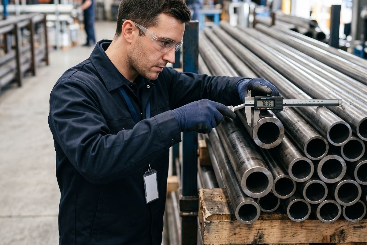 An automotive engineer inspecting a premium stack of heavy-duty steel alloy tubing in a warehouse.
