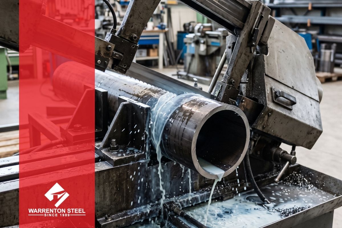 n automated industrial bandsaw precisely and cleanly cutting through thick steel tubing, with coolant flowing over the blade.
