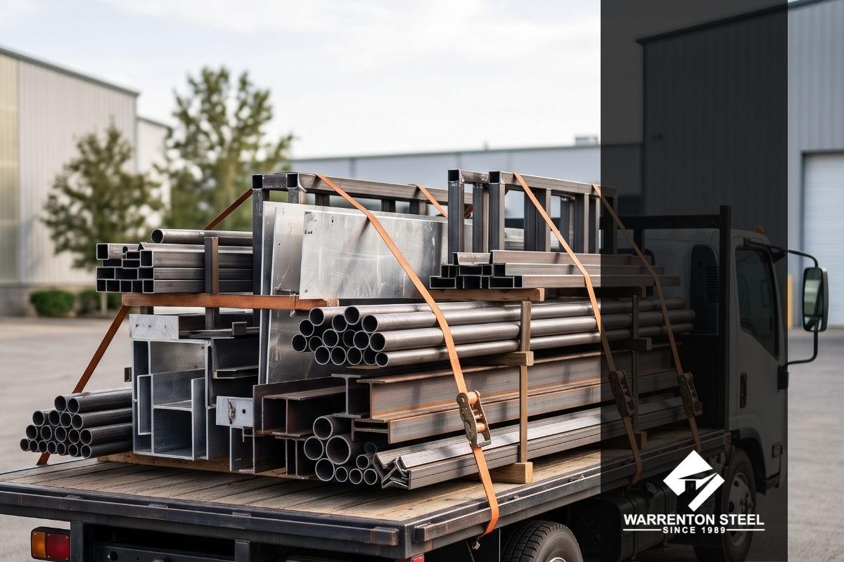 A delivery flatbed truck loaded with neatly strapped custom steel and metal orders arriving at the bay doors of a busy fabrication shop.