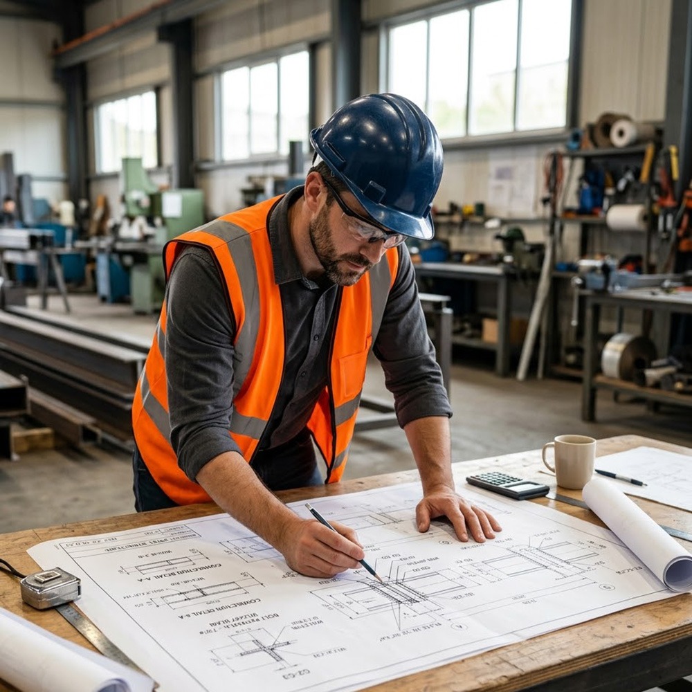 An engineer carefully reviewing detailed structural blueprints for custom steel beam fabrication.