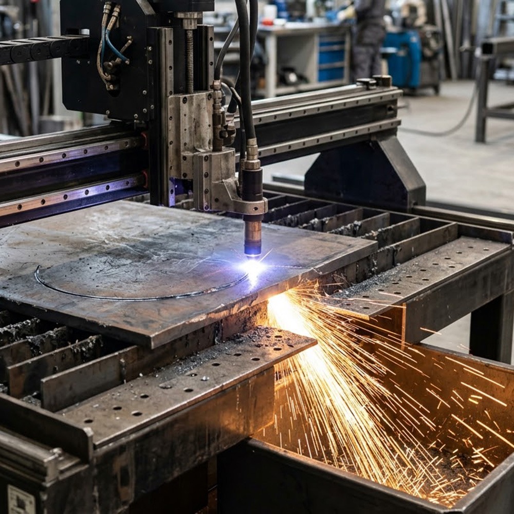 Close-up of a CNC plasma cutting machine slicing through a steel plate, creating bright sparks.