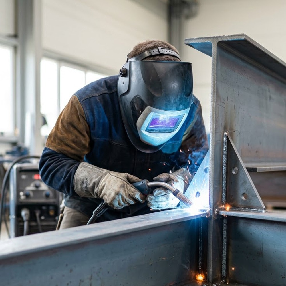 A certified welder in full protective gear performing a precise MIG weld on a structural steel beam connection.