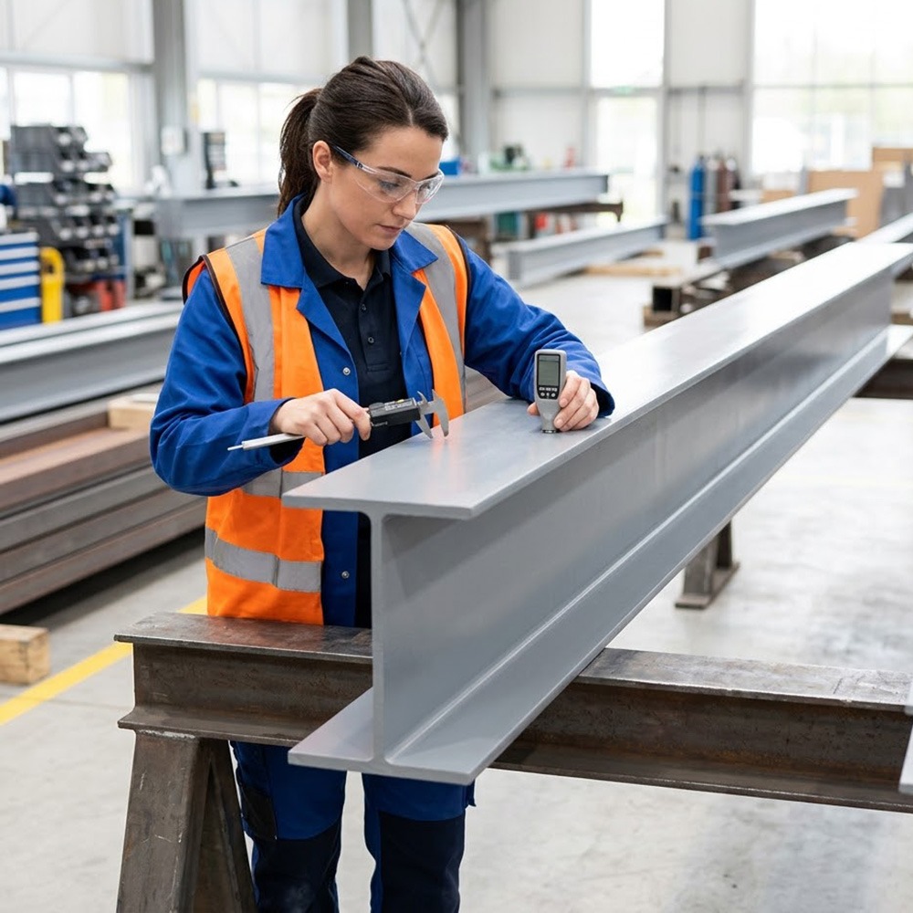 A certified welder in full protective gear performing a precise MIG weld on a structural steel beam connection.