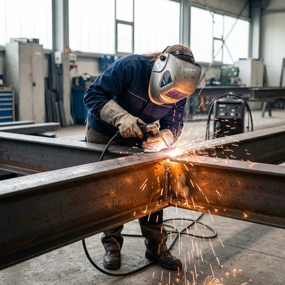 A focused welder wearing a mask and gloves joins a carbon steel I-beam connection in a naturally lit industrial workshop as sparks fly.