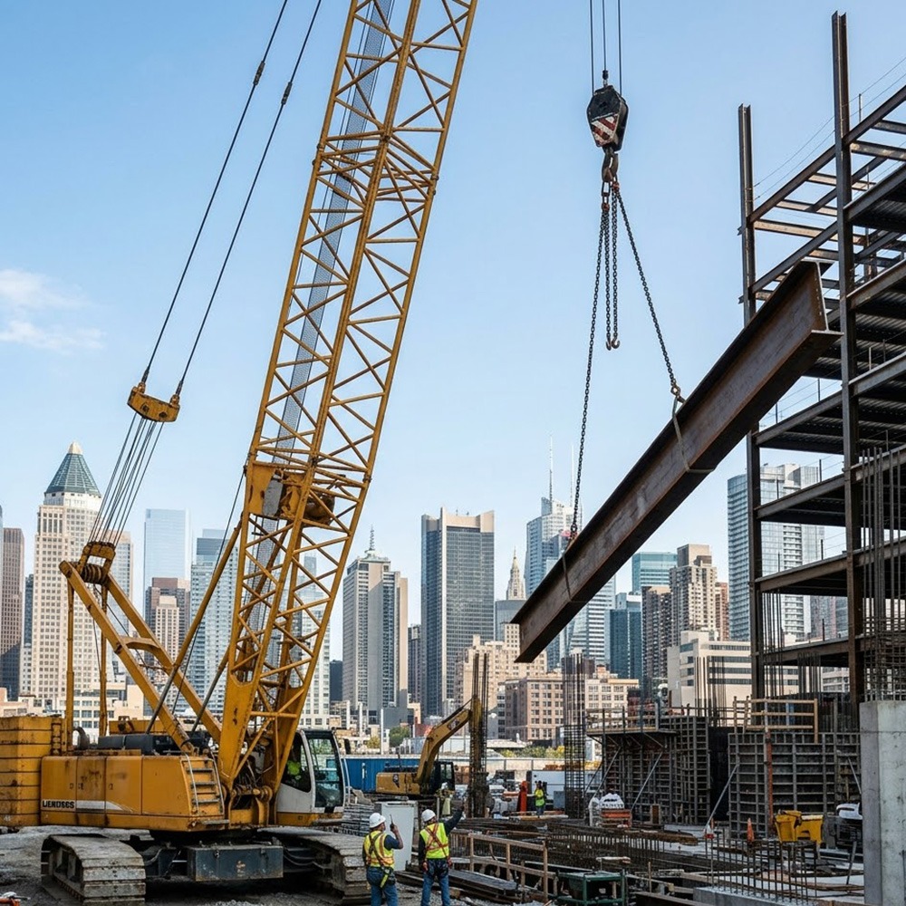 A large yellow crawler crane lifts a massive structural steel I-beam on a construction site, with a city skyline under a clear sky in the background.