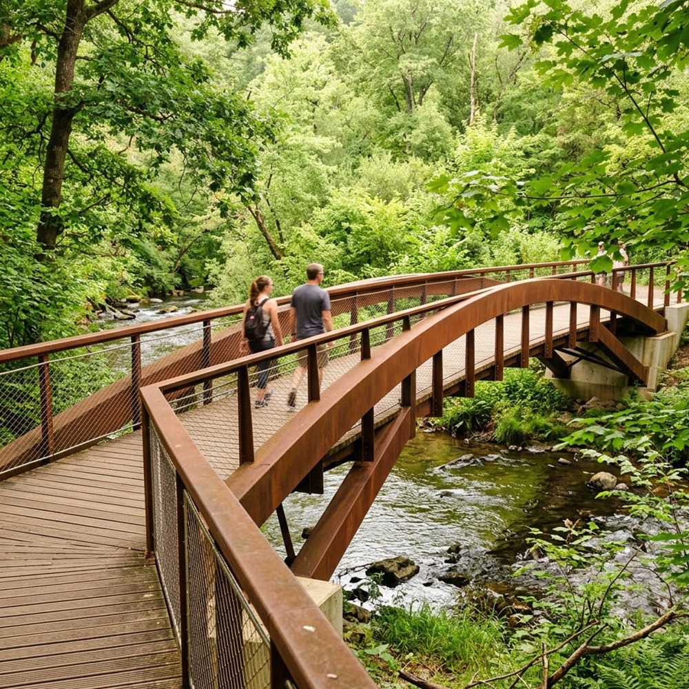 A modern pedestrian bridge made of deeply patinated, reddish-brown weathering steel spans a small river in a lush green natural setting.